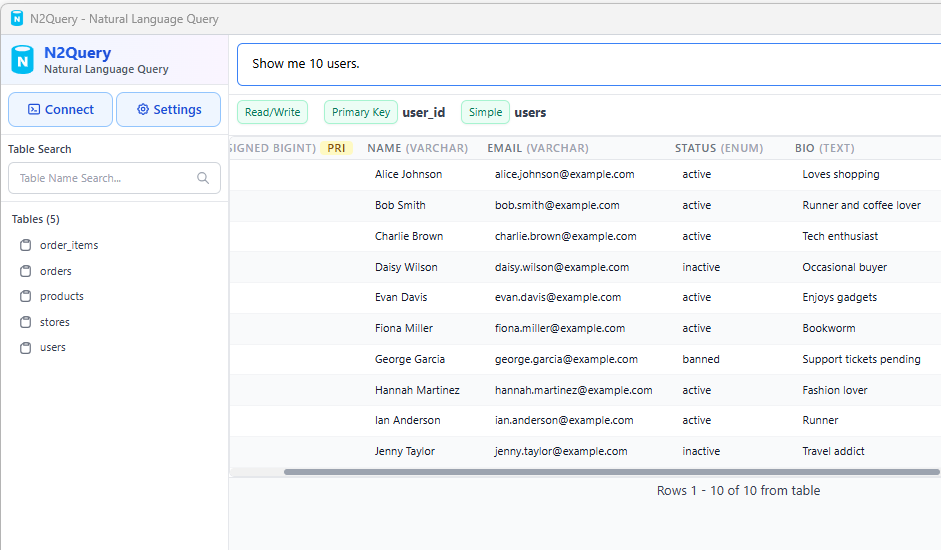 N2Query AI MySQL & MariaDB Database Query Tool Interface - Natural Language SQL Query Builder for MySQL, MariaDB, AWS RDS, and Google Cloud SQL Databases